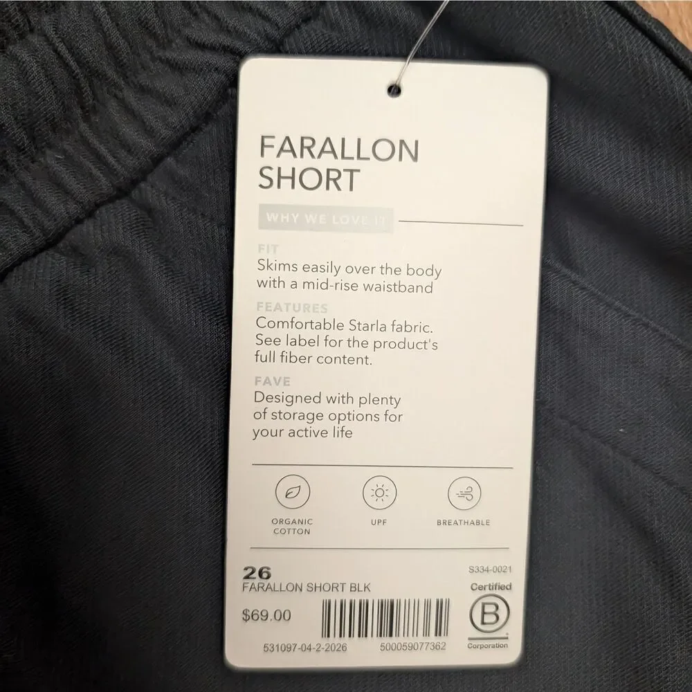 ATHLETA Women’s FARALLON Midi Short Black Pull On Drawstring Stretch sze 26 NWT